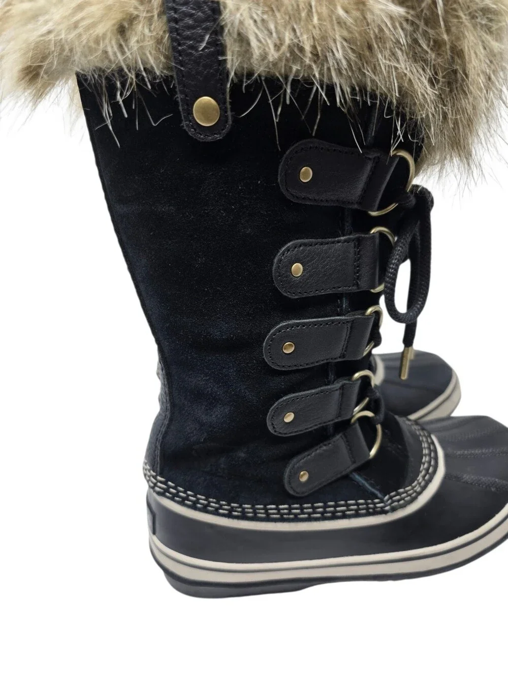 Sorel Joan Of Arctic Winter Boots Faux Fur Trim Lining Black & Tan Women's 8